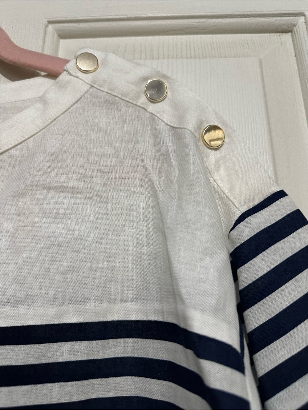Zara Navy and White Striped Short Sleeve Button-Shoulder Top - Picture 2 of 10